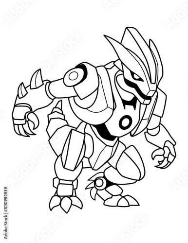 Space robot dinosaur in a warlike pose. Coloring page for kids. Vector illustration