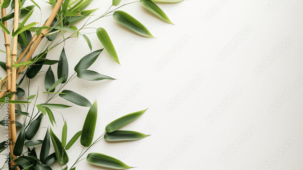 Bamboo stalks with green leaves on light textured background with natural minimalist composition Bamboo stalks with green leaves on light textured background with natural minimalist composition