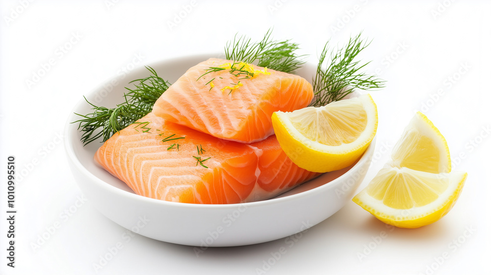 Fresh salmon fillets garnished with dill and lemon slices, presented in white bowl. This vibrant dish showcases rich color and texture of salmon, perfect for healthy meals. Fresh salmon fillets garnished with dill and lemon slices, presented in white bowl. This vibrant dish showcases rich color and texture of salmon, perfect for healthy meals.