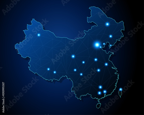 China - country shape with lines connecting major cities