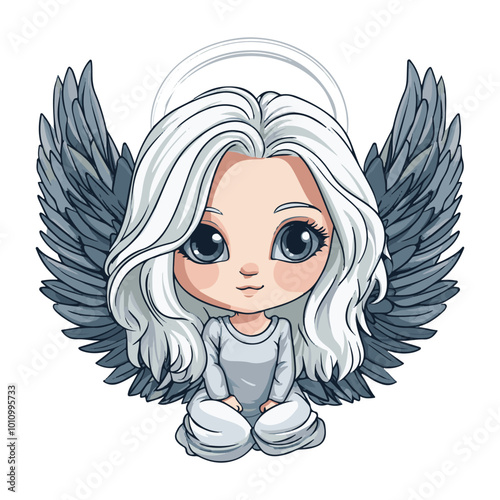 Cute angel with white hair and blue eyes, cartoon style, vector illustration on a solid background.