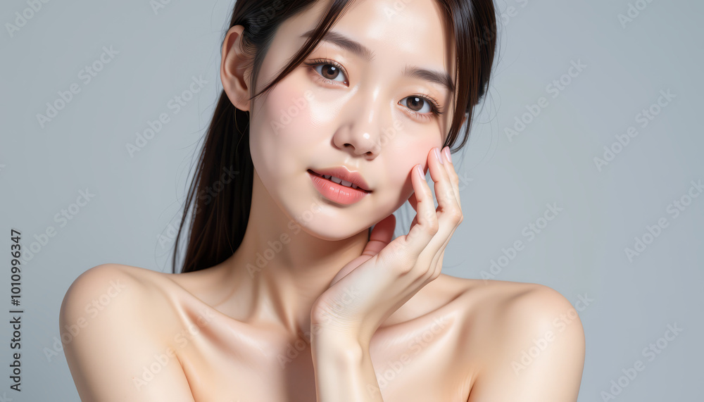 Portrait of a serene woman with gentle expression on gray background. Portrait of a serene woman with gentle expression on gray background.