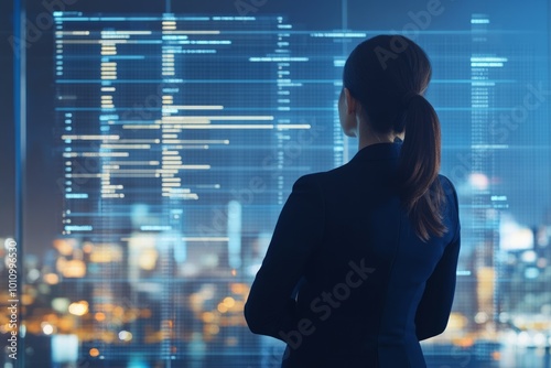 business woman wearing navy blue suit, standing in front of and looking at chart, in front of city scape.