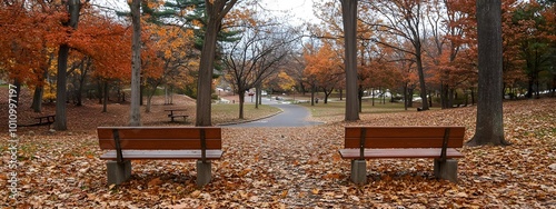A photograph of two wooden benches placed on an autumn park path, surrounded by fallen leaves in shades of orange and brown