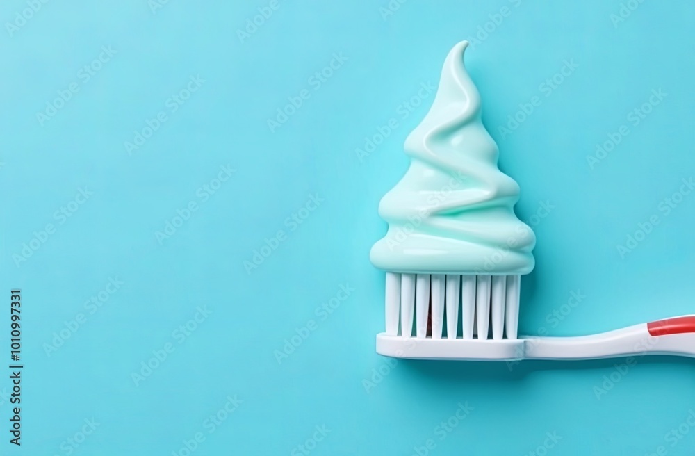 Christmas minimal concept - creative Christmas tree made of the toothpaste lying on the toothbrush. Christmas dental concept. New year dental concept. Gentle blue background Christmas minimal concept - creative Christmas tree made of the toothpaste lying on the toothbrush. Christmas dental concept. New year dental concept. Gentle blue background