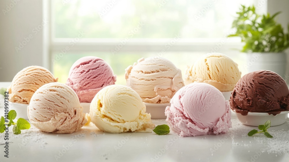 Assorted flavors of creamy Italian ice cream, displayed with elegance, clear window letting in soft light Assorted flavors of creamy Italian ice cream, displayed with elegance, clear window letting in soft light