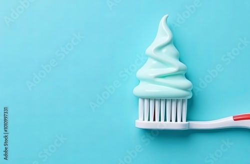 Christmas minimal concept - creative Christmas tree made of  the toothpaste lying on the toothbrush. Christmas dental concept. New year dental concept. Gentle blue background photo