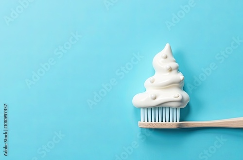 Christmas minimal concept - creative Christmas tree made of the toothpaste lying on the toothbrush. Christmas dental concept. New year dental concept. Gentle blue background