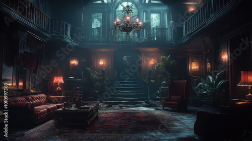 Spooky hotel lobby with a grand, but dusty chandelier, old-fashioned furniture, and a cold, eerie atmosphere.