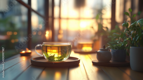 A serene scene featuring glass cup of green tea on wooden table, surrounded by plants and warm sunlight streaming through window, creating peaceful atmosphere.