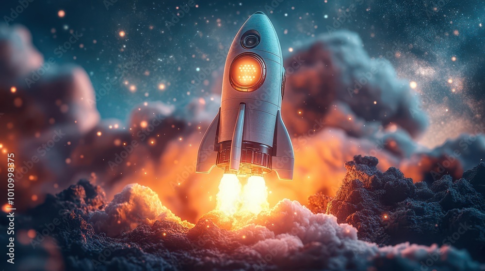 sleek 3d rocket launching into a starry sky symbolizing innovation and business growth with dynamic angles and vibrant colors showcasing the excitement of startup ventures