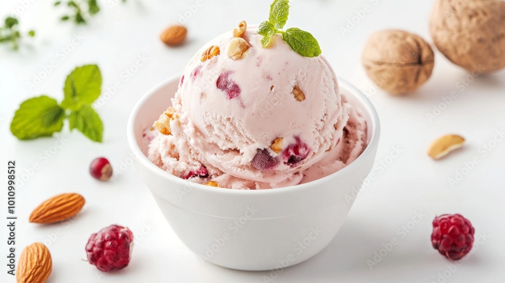 Delicious scoop of fruit and nut ice cream sorbet, in a cup with scattered fruits and nuts on a white background, wide banner view Delicious scoop of fruit and nut ice cream sorbet, in a cup with scattered fruits and nuts on a white background, wide banner view