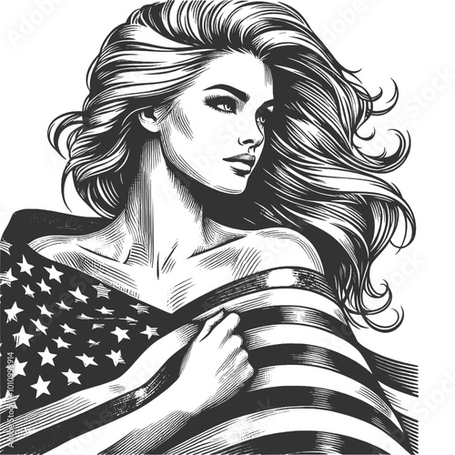 graceful woman draped in the American flag, serene and patriotic expression in vintage-style artwork sketch engraving generative ai vector illustration. Scratch board imitation. Black and white image