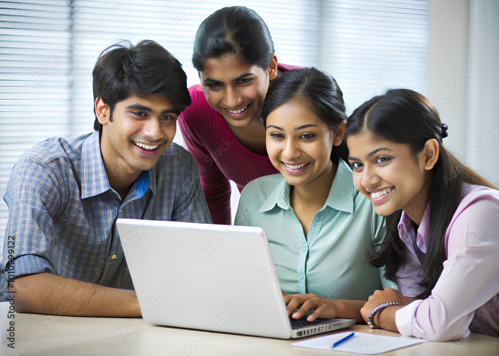 Indian Educational. Optimistic four students working on presentation, Indian Education concept Indian Educational. Optimistic four students working on presentation, Indian Education concept