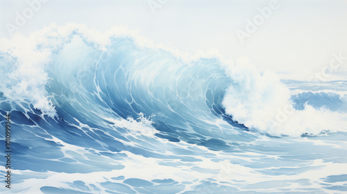 Majestic ocean waves crash with vibrant shades of blue, creating serene and calming atmosphere. gentle foam adds touch of elegance to tranquil seascape.