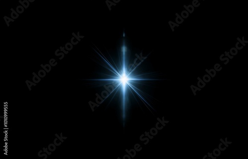 A bright white star with blue rays of light shines in the center of a black background.