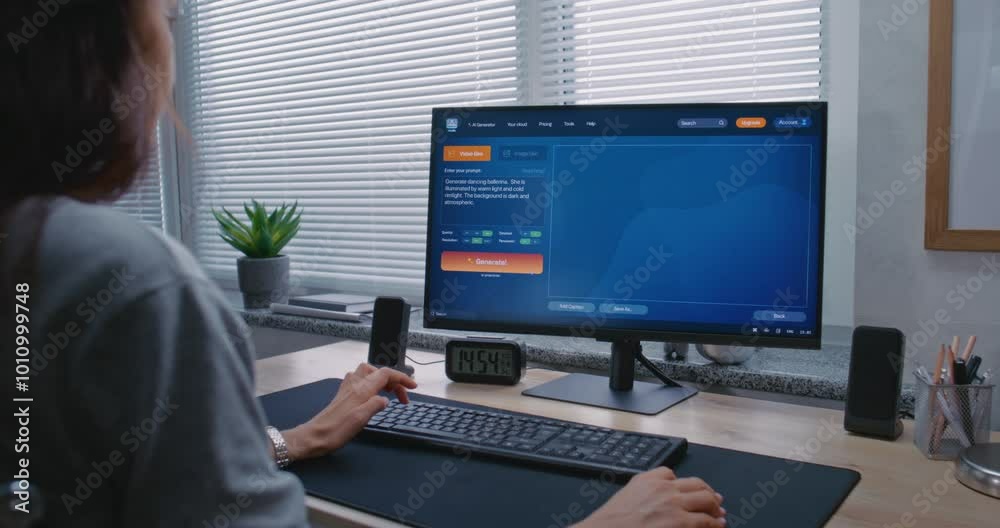 Adult woman types prompt in AI video generator on computer. PC screen shows artificial intelligence chatbot generating detailed high-quality video of dancing ballerina. AI video creation technology.