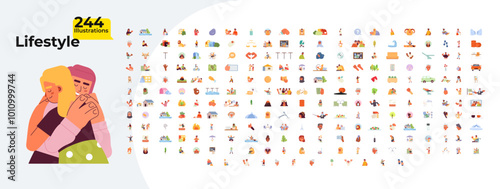 Cozy cute lifestyle cartoon flat illustrations mega bundle. Zodiac signs. Muslim hijab. Urban disasters. Elderly people. Diverse together 2D images isolated on white. Collection vector drawings color