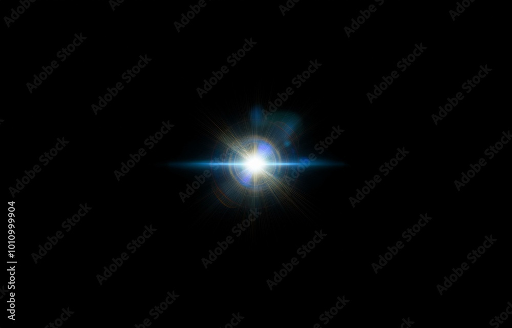 A bright, glowing light source in the center of the image with a lens flare radiating outwards against a black background. A bright, glowing light source in the center of the image with a lens flare radiating outwards against a black background.
