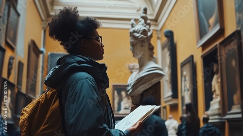A young woman with a backpack and glasses admires a sculpture in an art gallery.