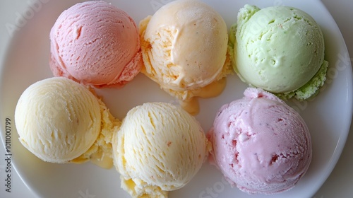 Pastel homemade ice cream scoops, viewed from above, natural light coming through a clear window softly highlighting