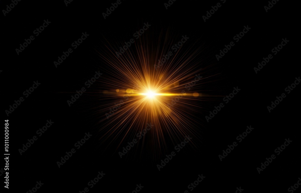 A bright, golden light source shines in the center of a black background. It's surrounded by thin rays of light that extend outward from the source.