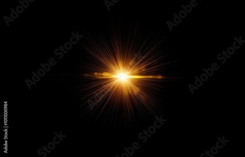 A bright, golden light source shines in the center of a black background. It's surrounded by thin rays of light that extend outward from the source.