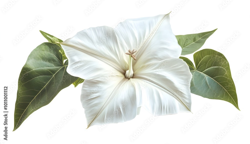 a white flower with green leaves
a white flower with green leaves