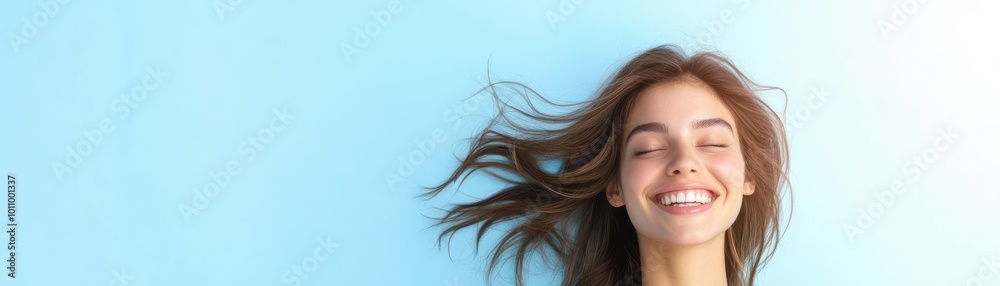 A joyful young woman smiles brightly against a soft blue background, showcasing happiness and carefree spirit. A joyful young woman smiles brightly against a soft blue background, showcasing happiness and carefree spirit.