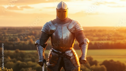 A lone knight in shining armor stands valiantly against a stunning sunset, embodying courage and strength in a serene landscape. photo