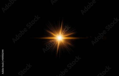 A bright, yellow light shines in the center of a dark, black background. The light flares out with bright, orange rays.