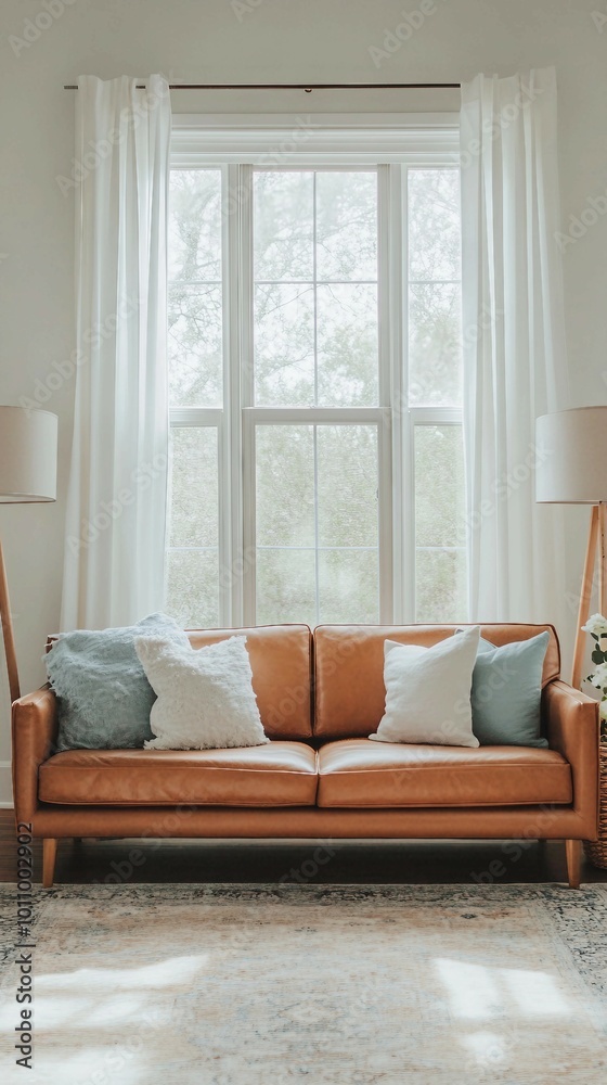 Modern Living Room with Leather Sofa and Natural Light Modern Living Room with Leather Sofa and Natural Light
