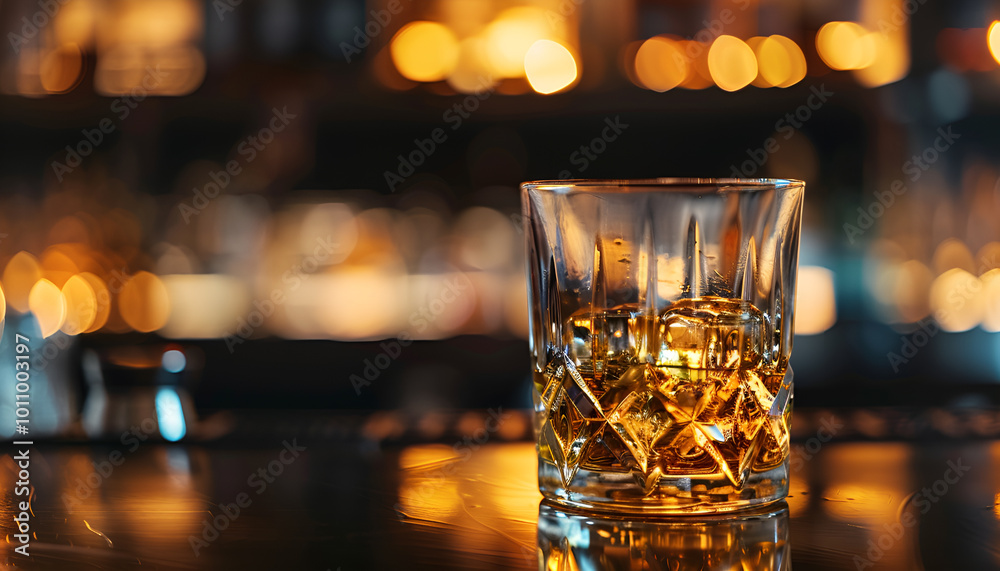 Close-up of a glass of whiskey on a bar counter, caustic light reflections creating dynamic patterns on the surface, rich amber colors, cozy and inviting bar atmosphere