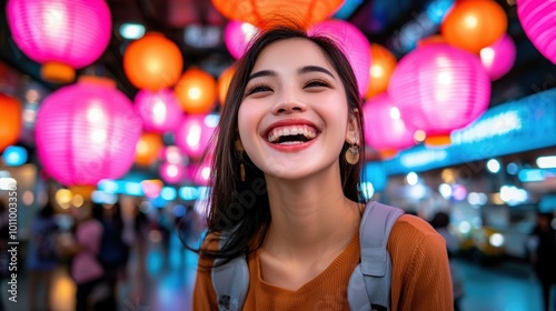 Joyful young woman with colorful lanterns in background