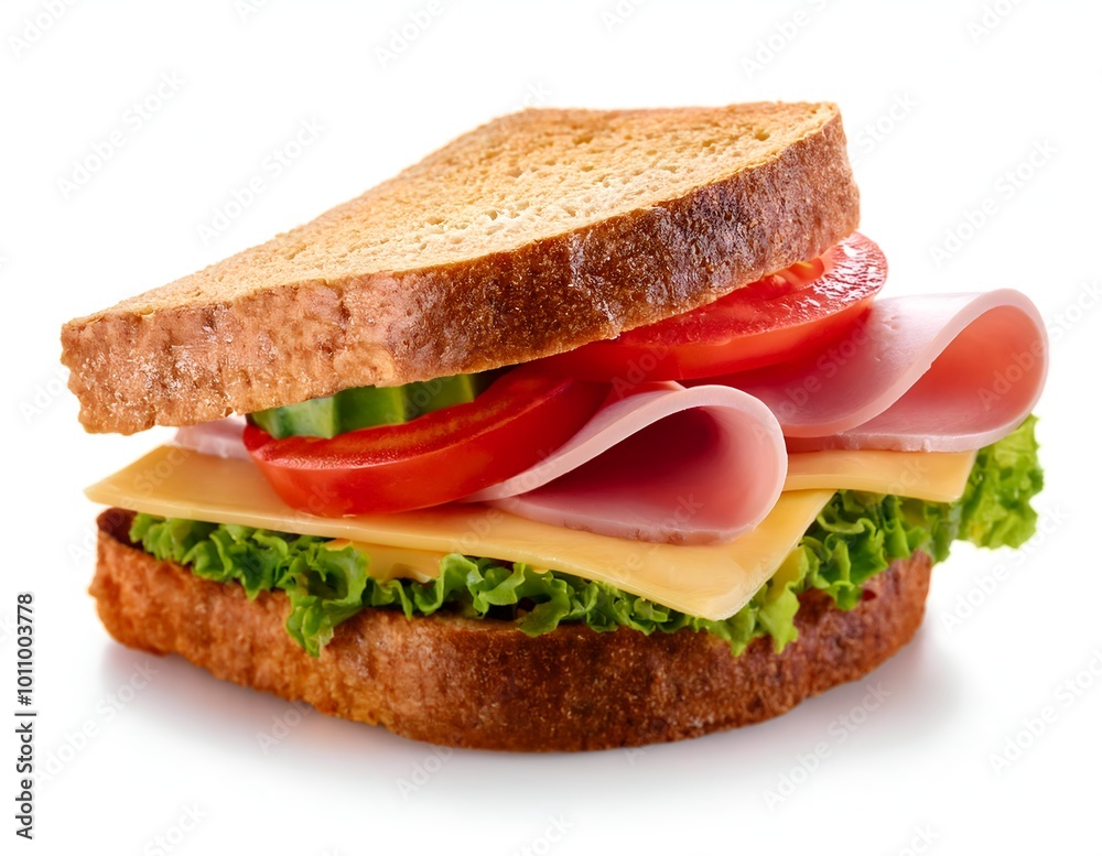 Fresh Ham, Cheese, and Vegetable Sandwich on White Background Fresh Ham, Cheese, and Vegetable Sandwich on White Background