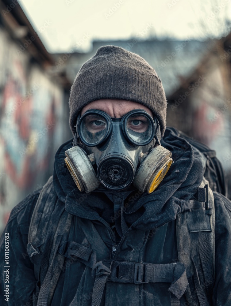 Man Wearing Gas Mask and Backpack Man Wearing Gas Mask and Backpack