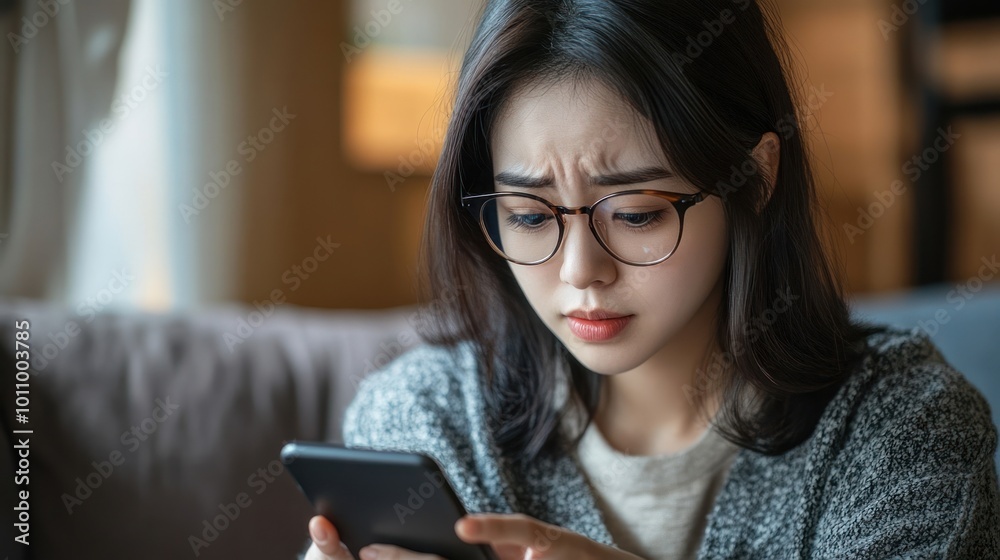 A young woman with glasses frowns while looking at her phone. A young woman with glasses frowns while looking at her phone.