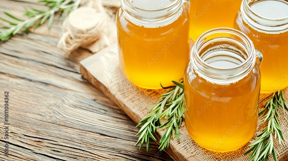 Rustic Herbal Infusion: Refreshing Honey Jars on Wooden Table