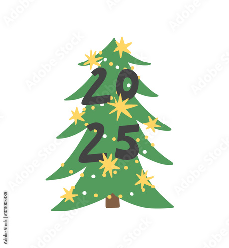 Cute vector New Year illustration in flat style. Cartoon Christmas tree with stars. Template for greeting card