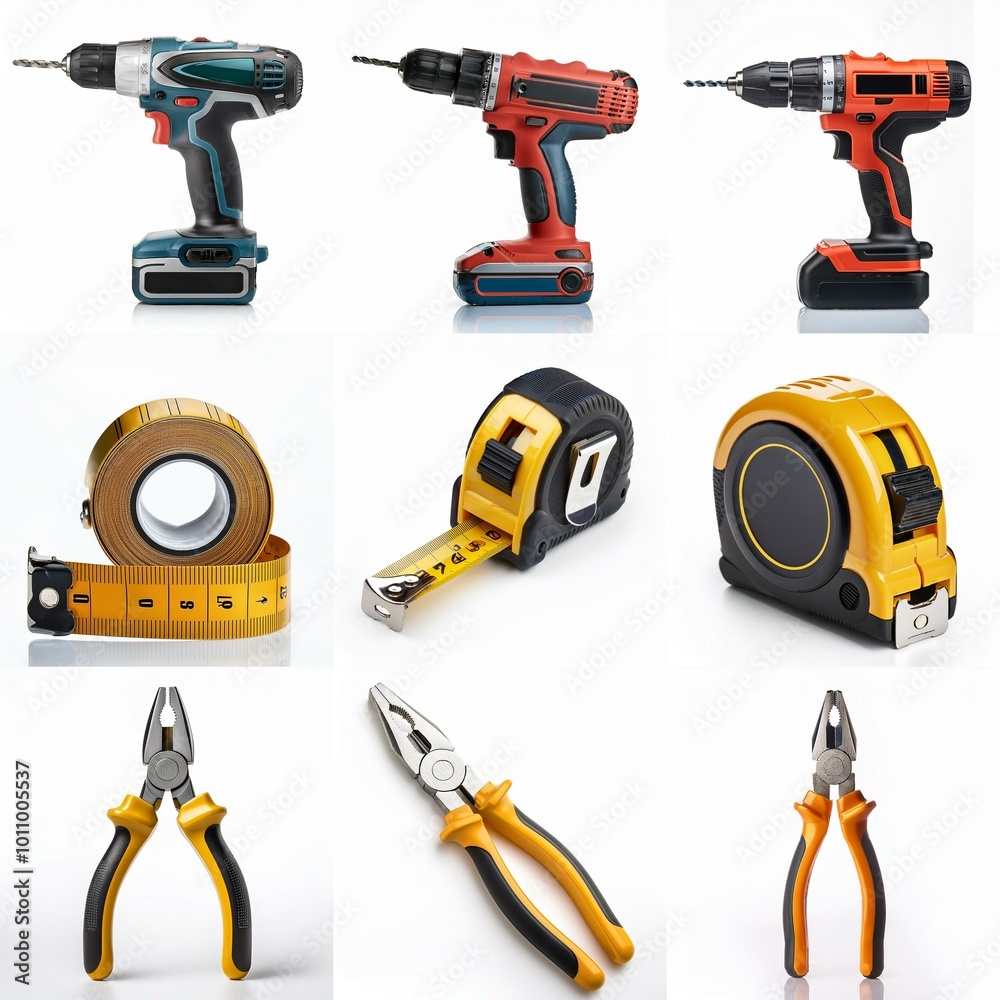 Three cordless drills, three tape measures, and three pairs of pliers on a white background.