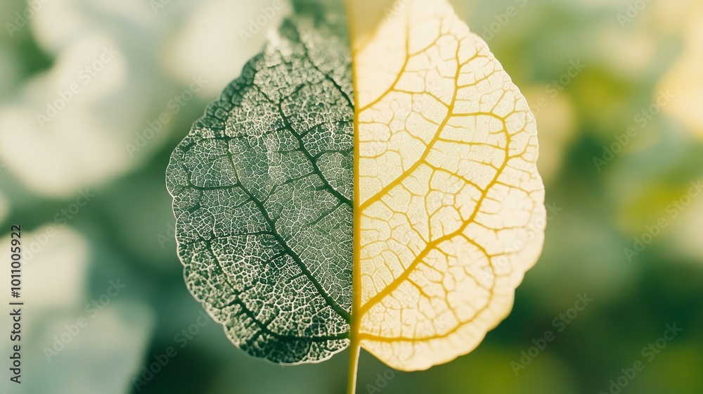 Obraz premium Close-up of leaf veins, centrally divided into two equal halves, half green and half yellow.