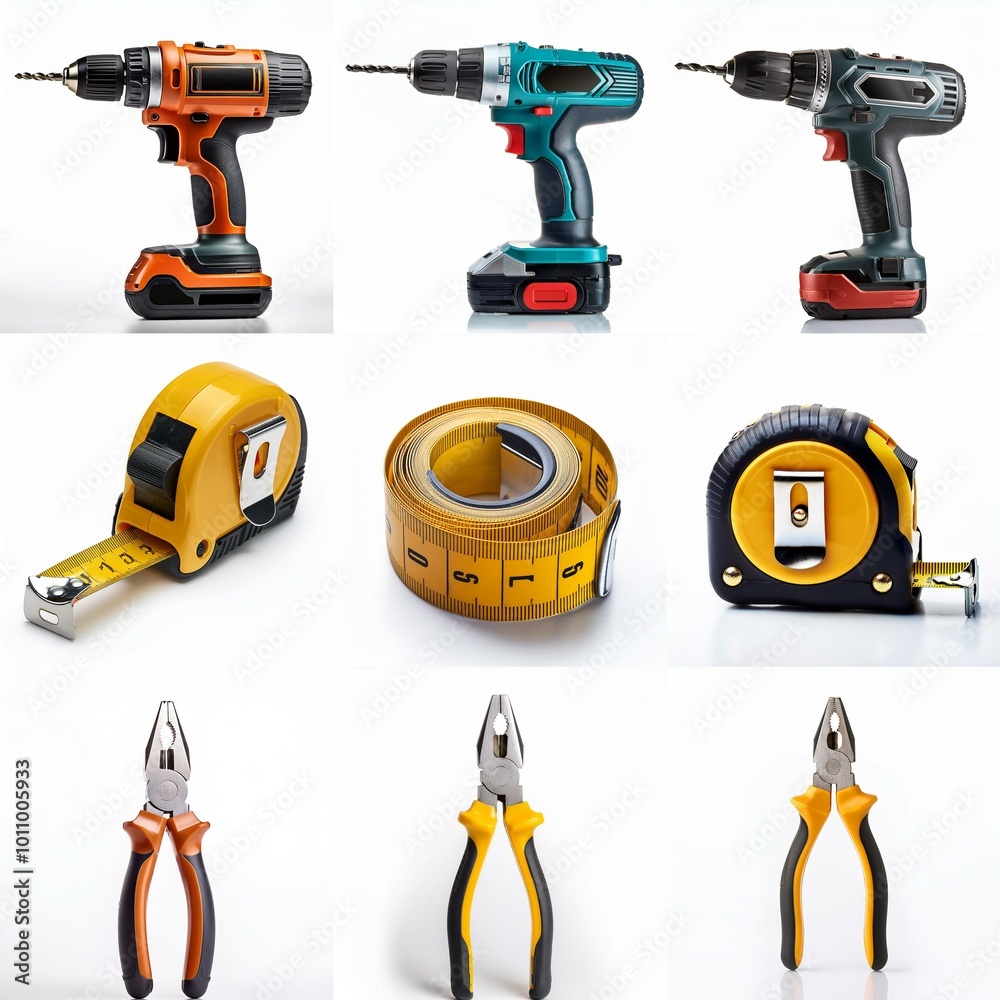 Three cordless drills, three tape measures and three pairs of pliers on white background. Three cordless drills, three tape measures and three pairs of pliers on white background.