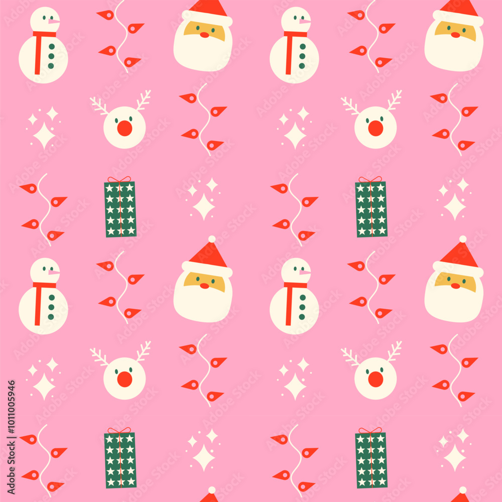 Pink Minimalist Seamless Christmas Pattern with Santa Claus, Star, Reindeer, ornament, Christmas Present Box Flat design Pink Minimalist Seamless Christmas Pattern with Santa Claus, Star, Reindeer, ornament, Christmas Present Box Flat design