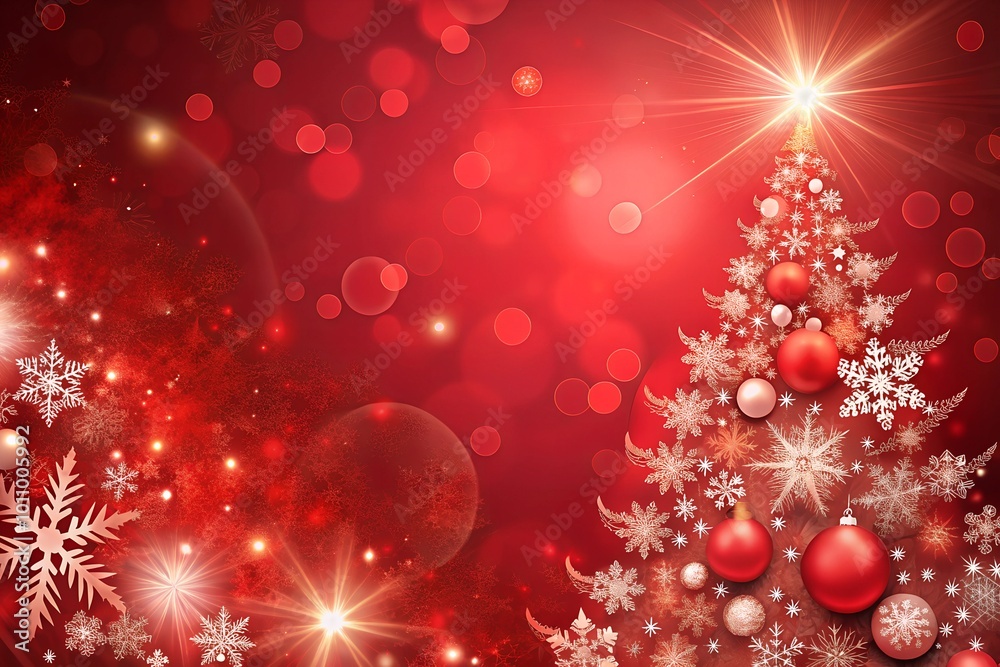 A vibrant red Christmas background featuring a festive tree decorated with ornaments and snowflakes, with glowing bokeh lights. Perfect for holiday cards, festive promotions, Copy space A vibrant red Christmas background featuring a festive tree decorated with ornaments and snowflakes, with glowing bokeh lights. Perfect for holiday cards, festive promotions, Copy space