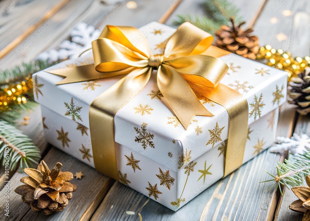 A beautifully wrapped Christmas gift box with a golden ribbon and snowflake design, placed on a wooden table with pine cones and holiday decor. Perfect for holiday gift promotions or greeting cards. A beautifully wrapped Christmas gift box with a golden ribbon and snowflake design, placed on a wooden table with pine cones and holiday decor. Perfect for holiday gift promotions or greeting cards.