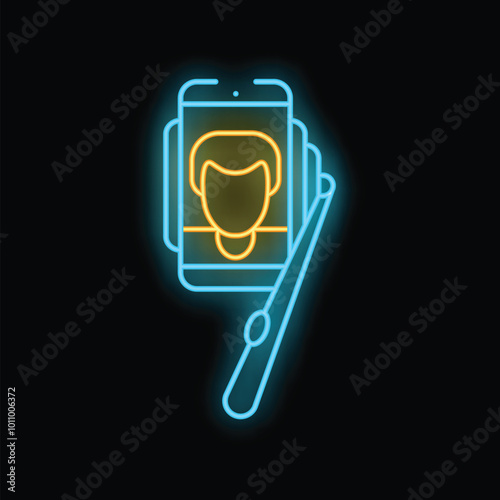 Glowing neon line icon of a smartphone taking a selfie using an extendable monopod on a black background
