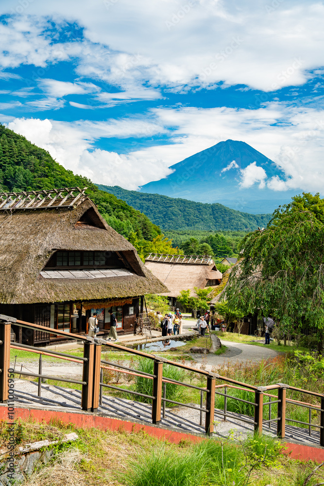 Saiko Iyashi no Sato Nenba, traditional village with Mount Fuji view, in Fujikawaguchiko, Saiko, Japan Saiko Iyashi no Sato Nenba, traditional village with Mount Fuji view, in Fujikawaguchiko, Saiko, Japan
