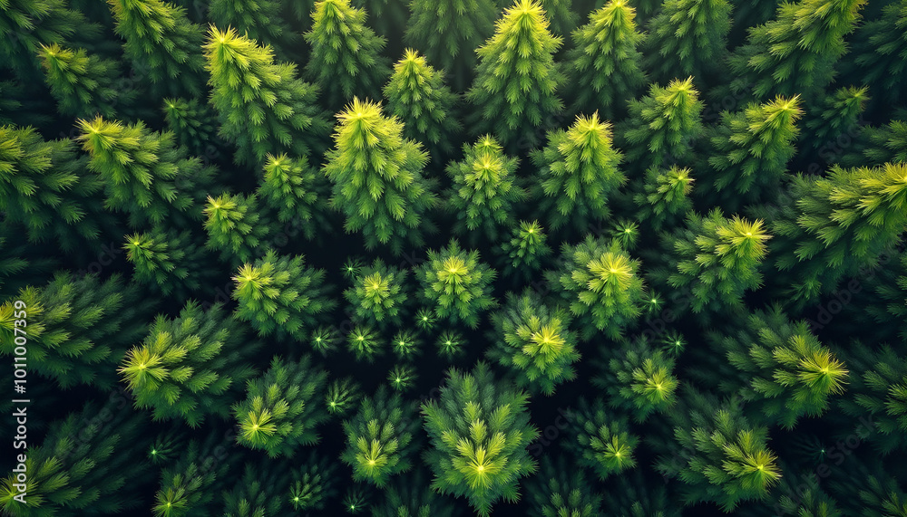 Aerial view of dense green pine forest with lush foliage and natural patterns