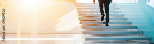 A person walking up modern stairs in a bright, airy environment, symbolizing progress and determination in a professional setting.