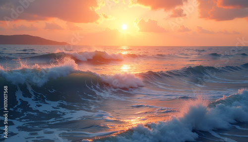 Waves crashing on the shore during sunset with colorful sky and dramatic clouds